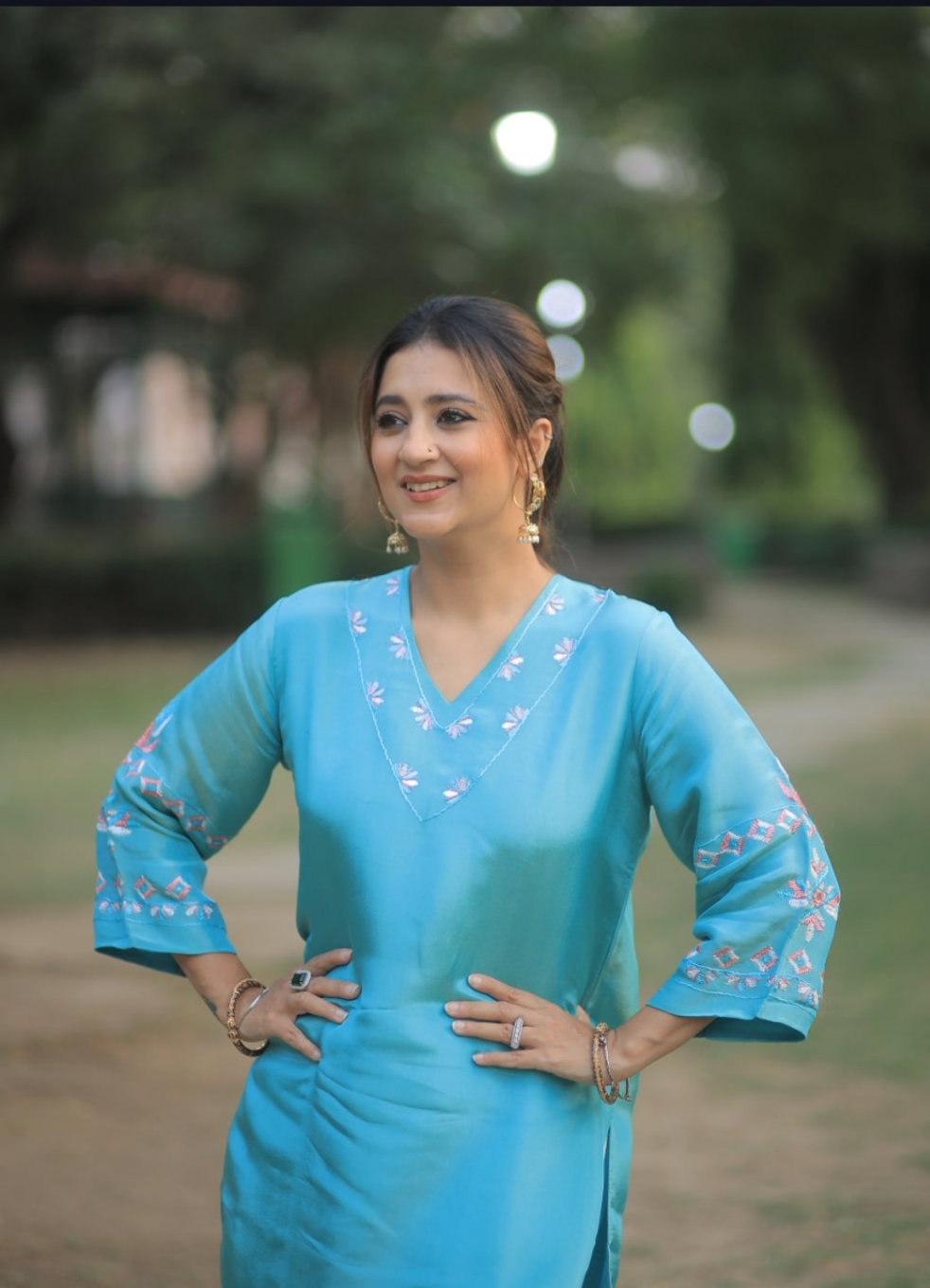 Pure Tissue Hand Work Phulkari Kurti - Azure Blue
