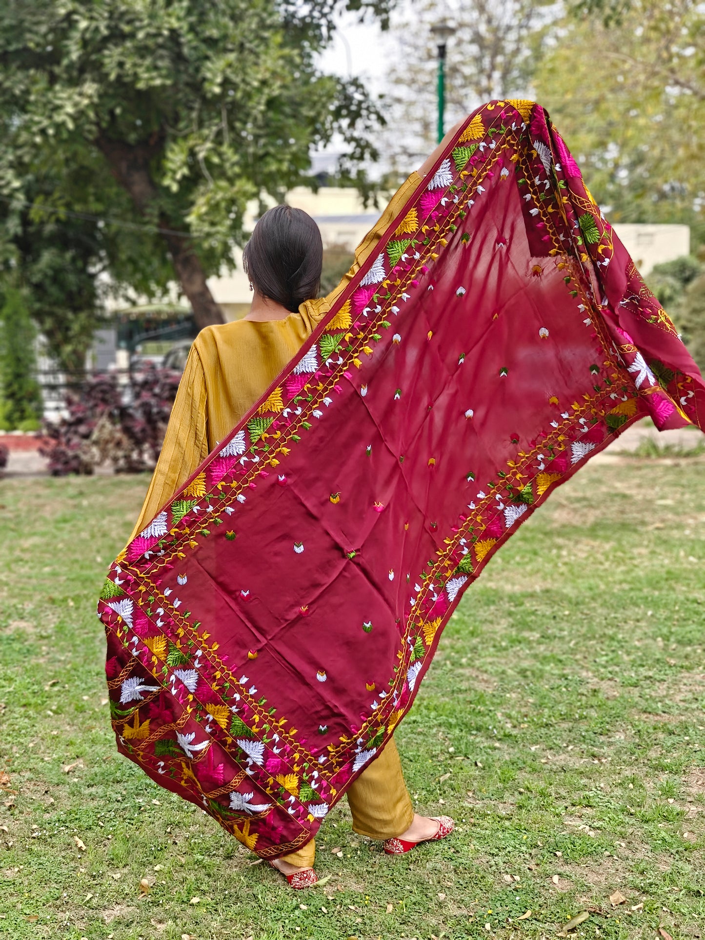 Pure Silk Hand Embroidered Phulkari Dupatta - Royal Maroon