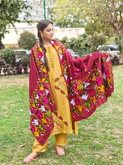 Pure Silk Hand Embroidered Phulkari Dupatta - Royal Maroon