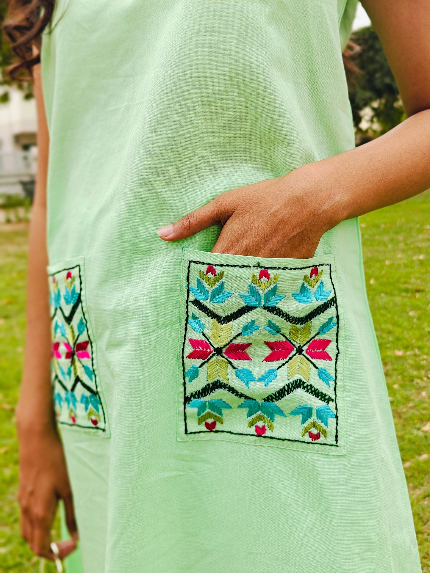 Pure Linen Hand Embroidered Phulkari Kurti - Pista Noor Green