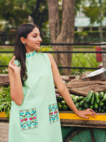 Pure Linen Hand Embroidered Phulkari Kurti - Pista Noor Green