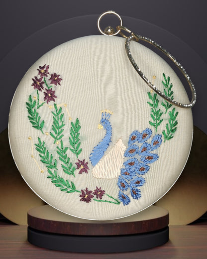 Hand Work Phulkari Clutch - Peacock Magic - beige Round