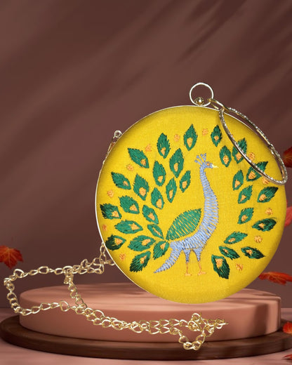Hand Work Phulkari Clutch - Peacock in yellow bloom - Round