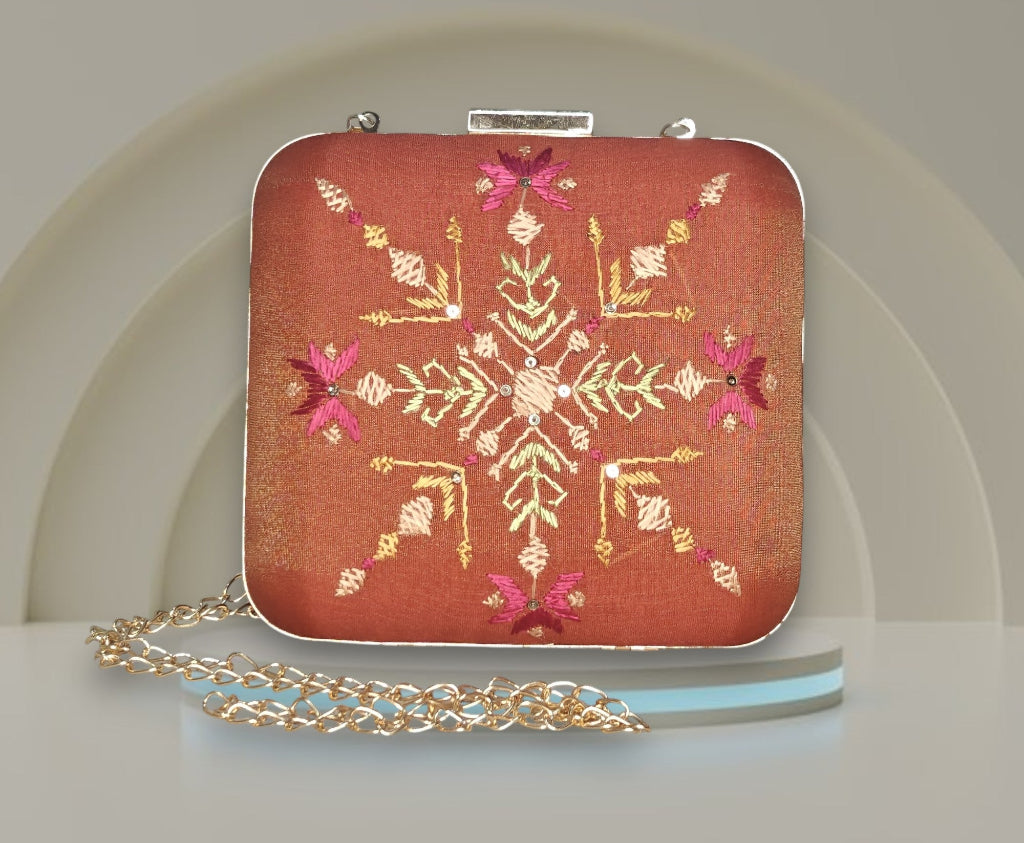 Hand Work Phulkari Clutch - Rust Magic - Square