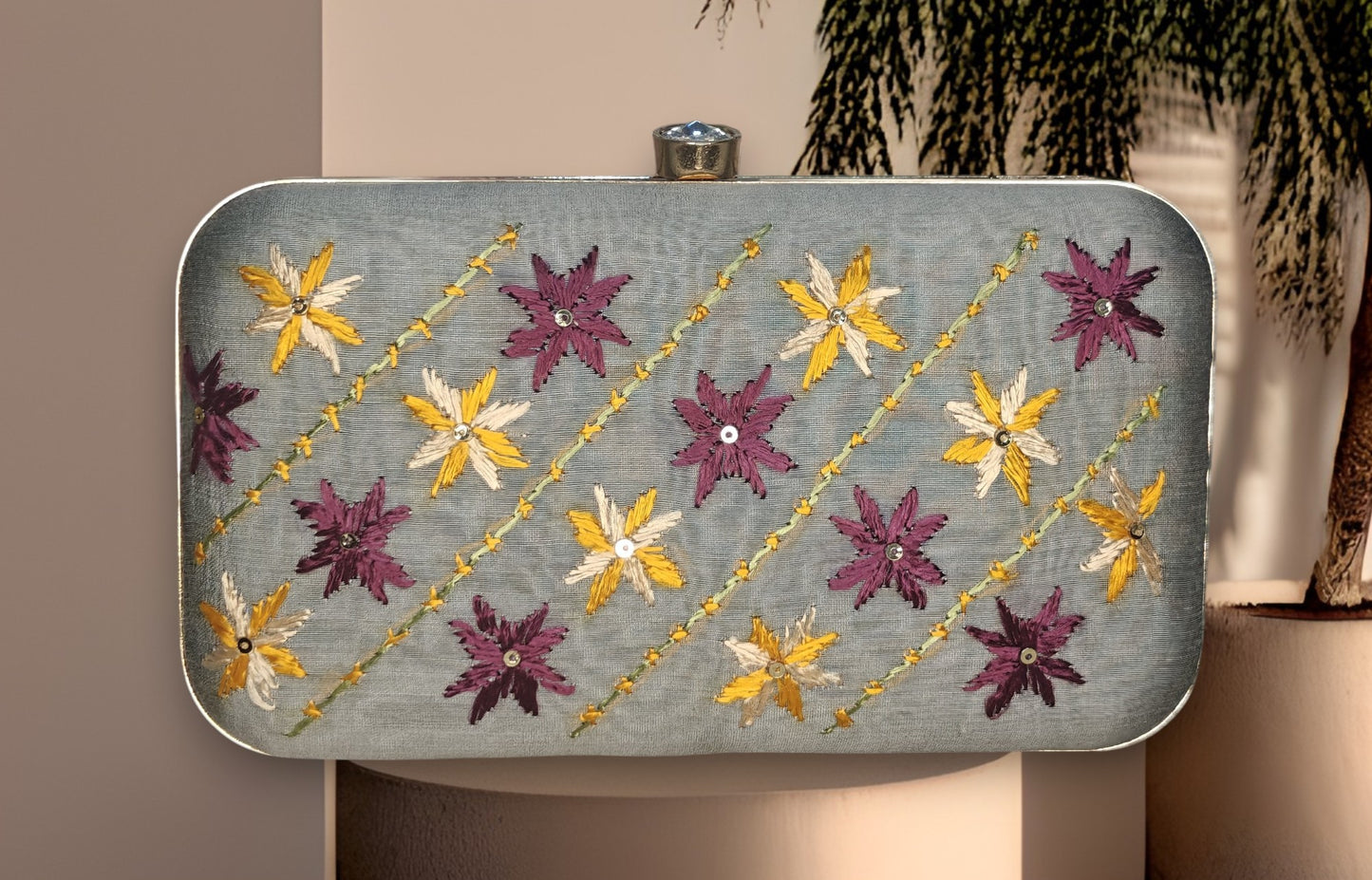 Hand Work Phulkari Clutch - Grey Multicolor