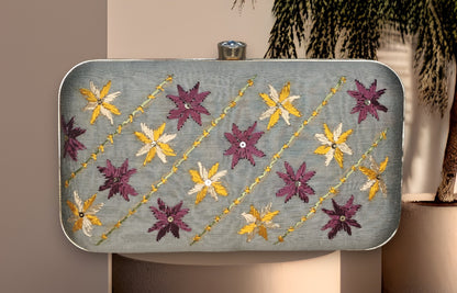 Hand Work Phulkari Clutch - Grey Multicolor