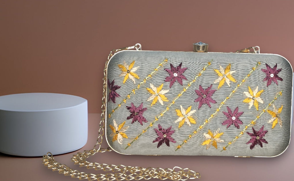 Hand Work Phulkari Clutch - Grey Multicolor