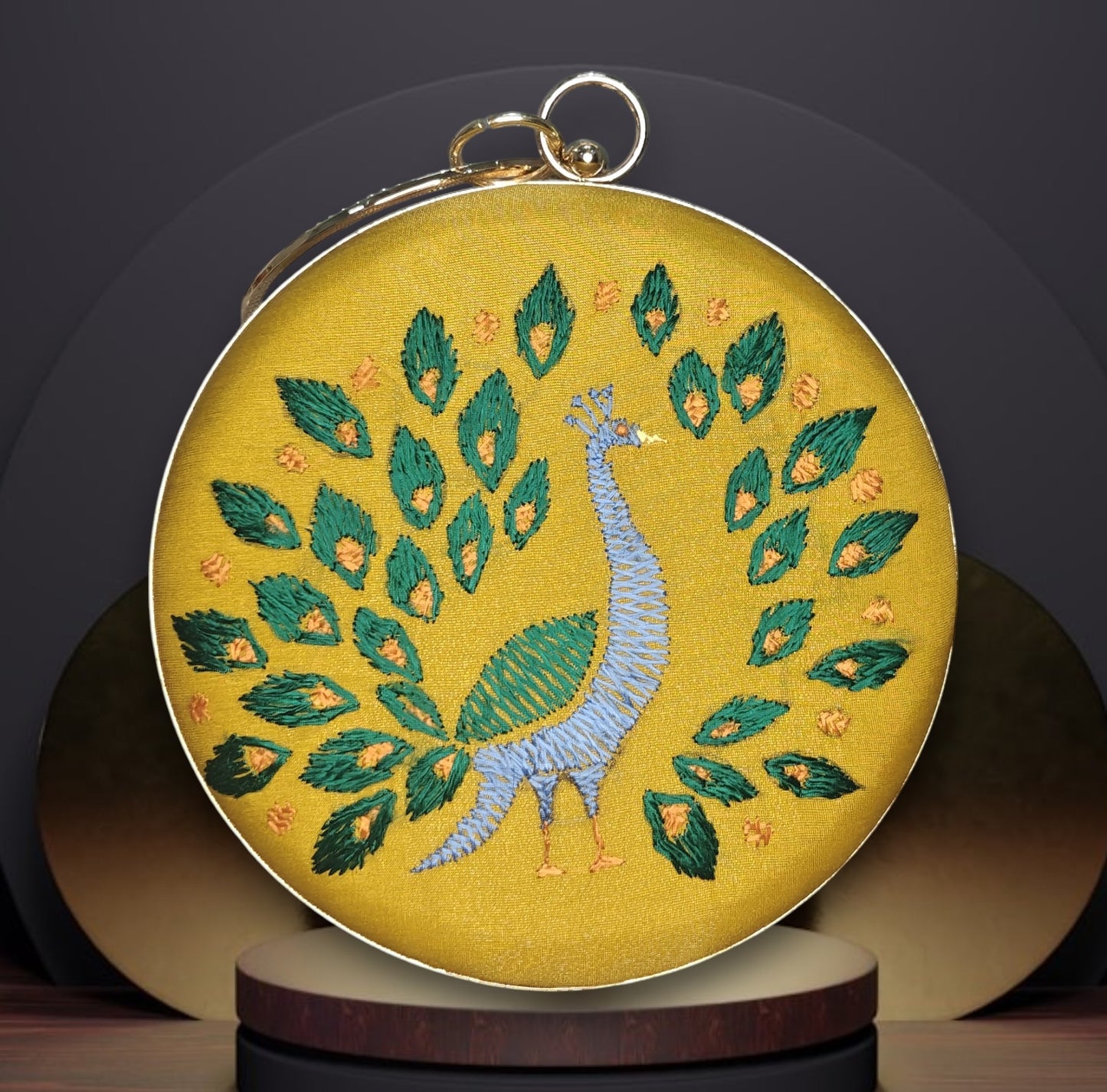 Hand Work Phulkari Clutch - Peacock in yellow bloom - Round
