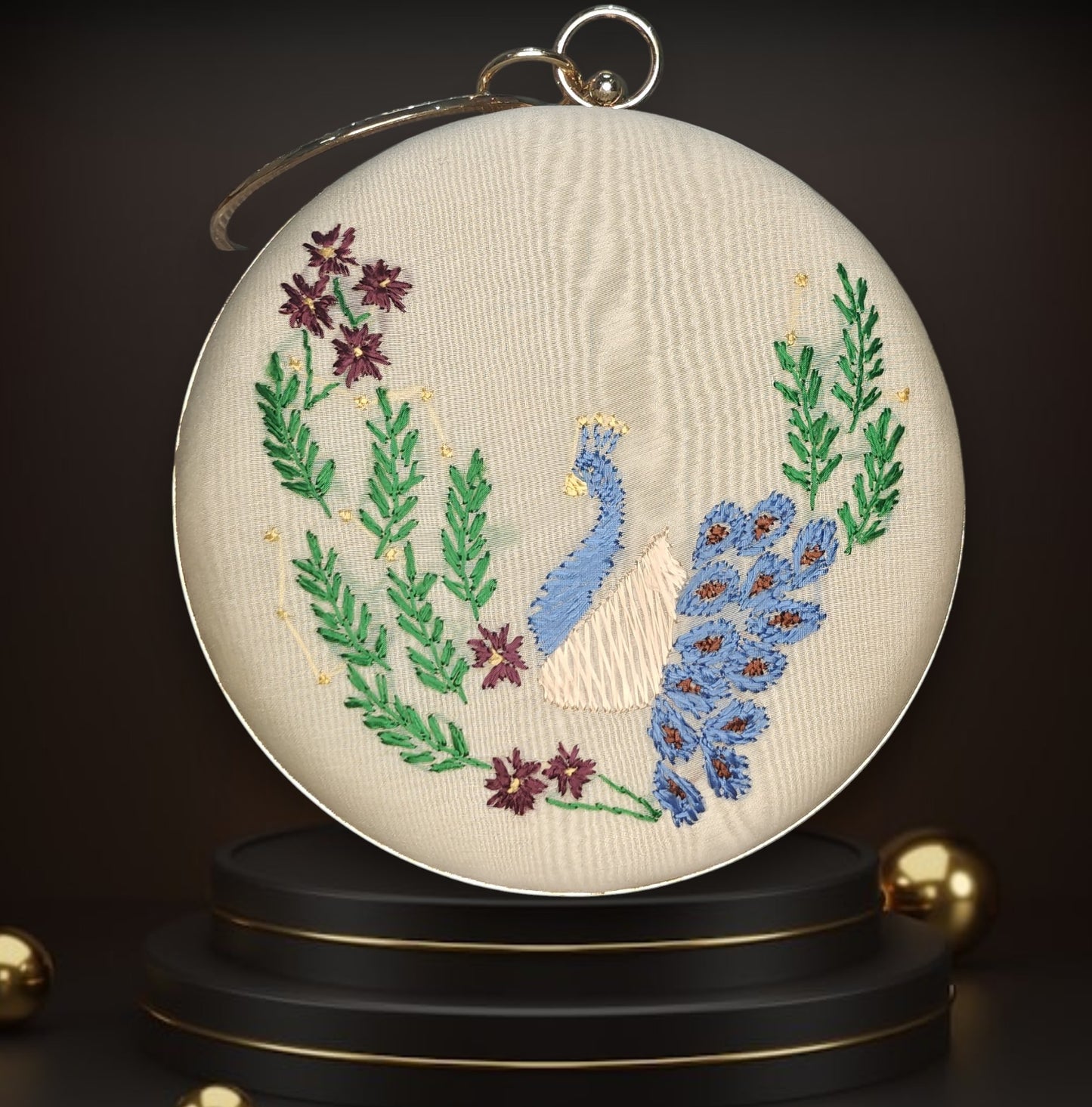 Hand Work Phulkari Clutch - Peacock Magic - beige Round