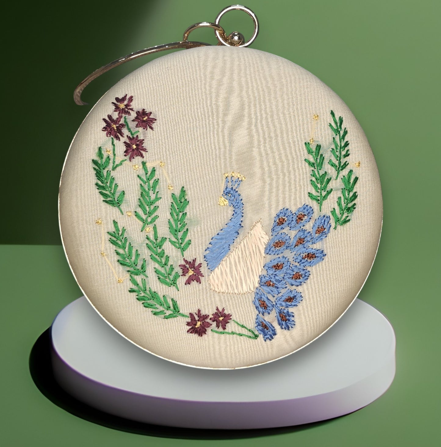 Hand Work Phulkari Clutch - Peacock Magic - beige Round
