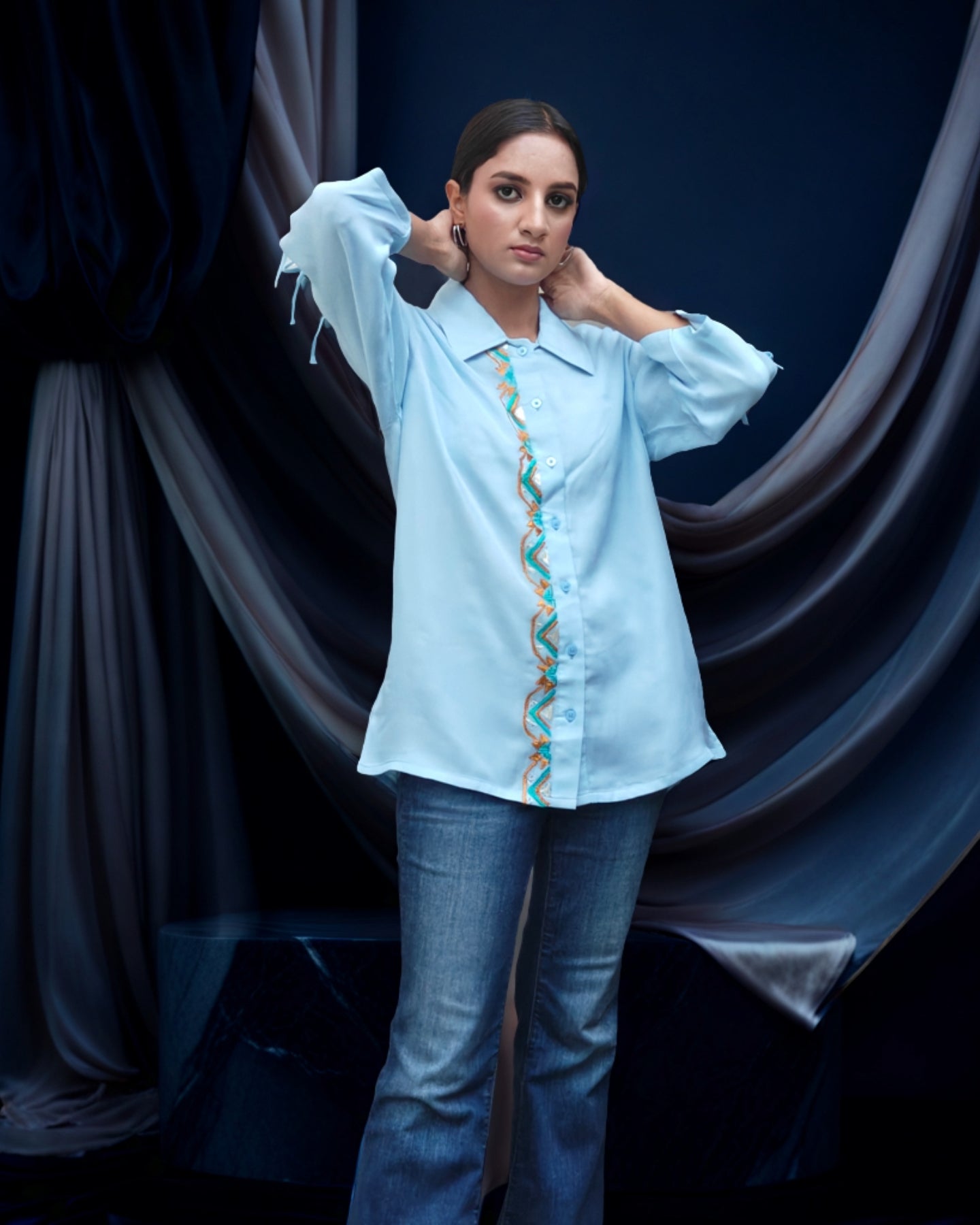 Pure Silk Cotton Hand Work Phulkari Shirt - Morning Sky