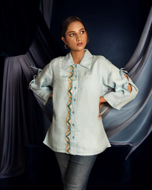 Pure Silk Cotton Hand Work Phulkari Shirt - Morning Sky