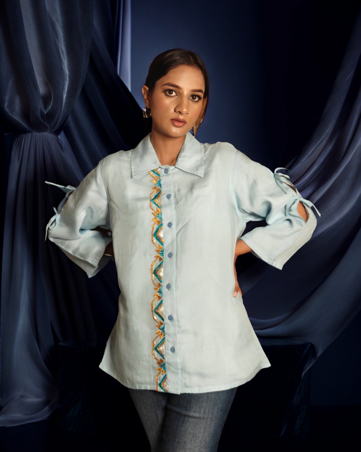 Pure Silk Cotton Hand Work Phulkari Shirt - Morning Sky