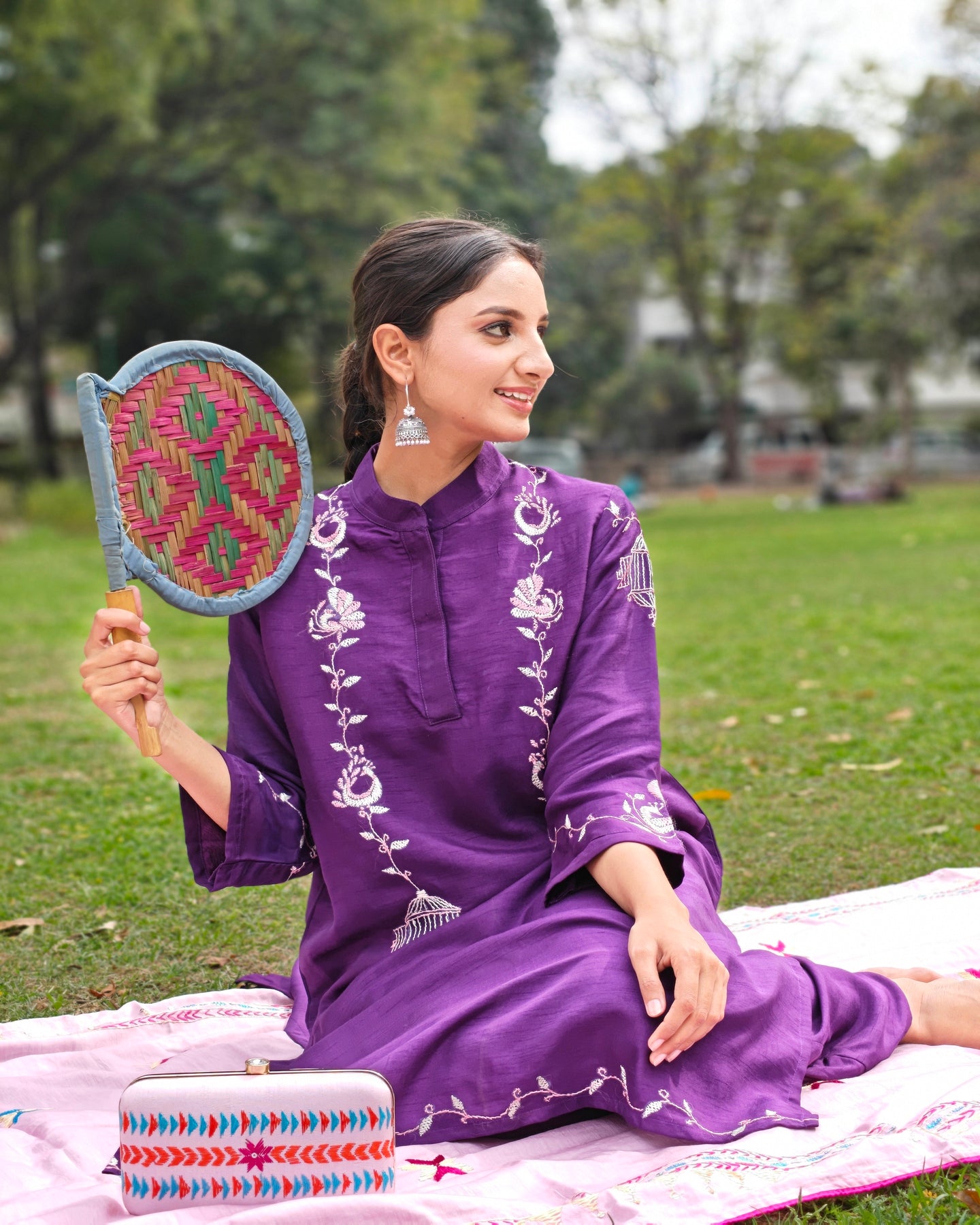 Pure Silk Hand Work Phulkari Kurta -  Purple Grace