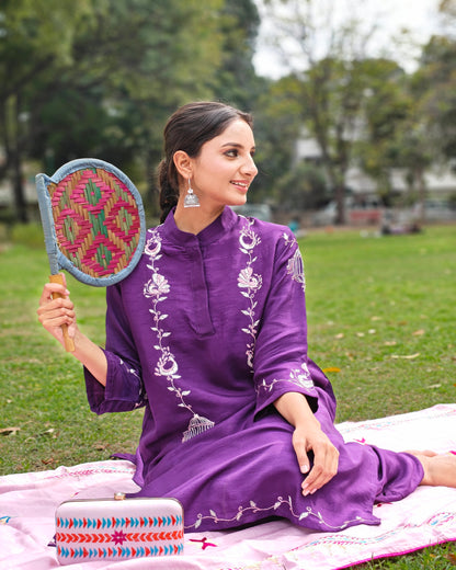 Pure Silk Hand Work Phulkari Kurta -  Purple Grace
