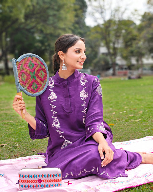 Pure Silk Hand Work Phulkari Kurti Pant Set - Purple Grace