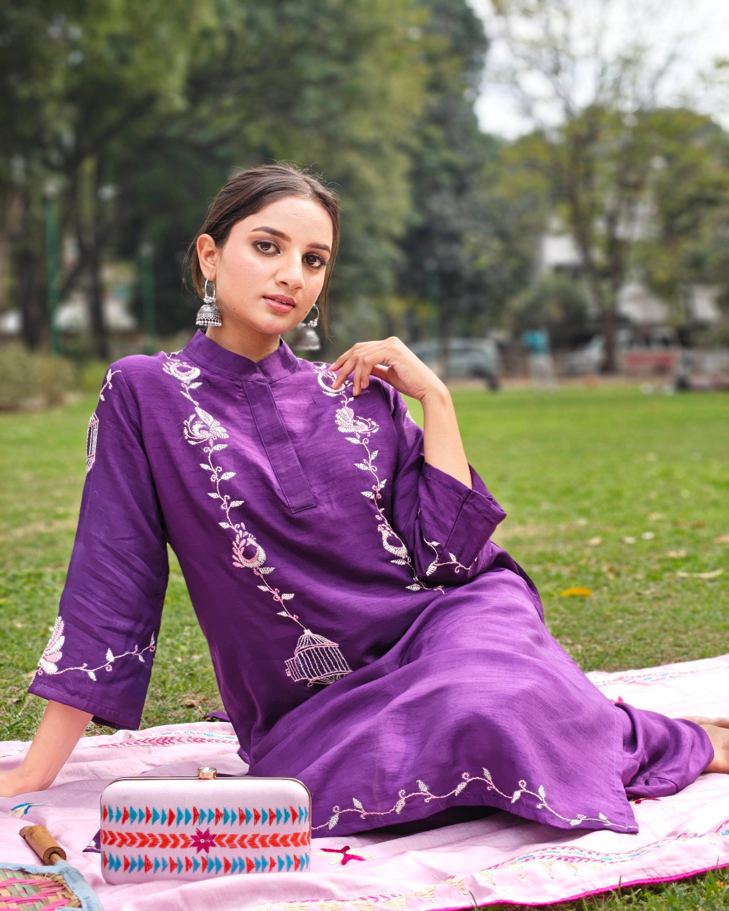 Pure Silk Hand Work Phulkari Kurta -  Purple Grace