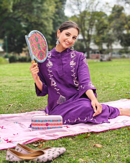 Pure Silk Hand Work Phulkari Kurta -  Purple Grace