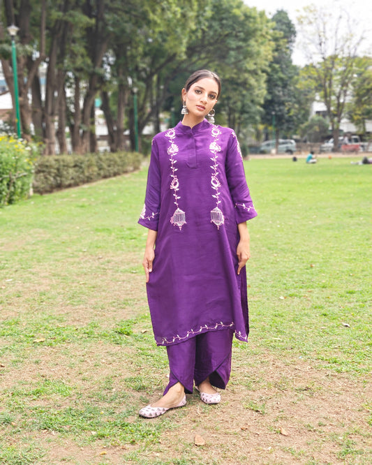 Pure Silk Hand Work Phulkari Pants - Purple Grace