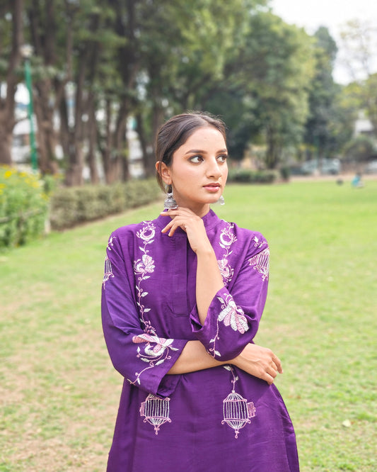 Pure Silk Hand Work Phulkari Kurta -  Purple Grace