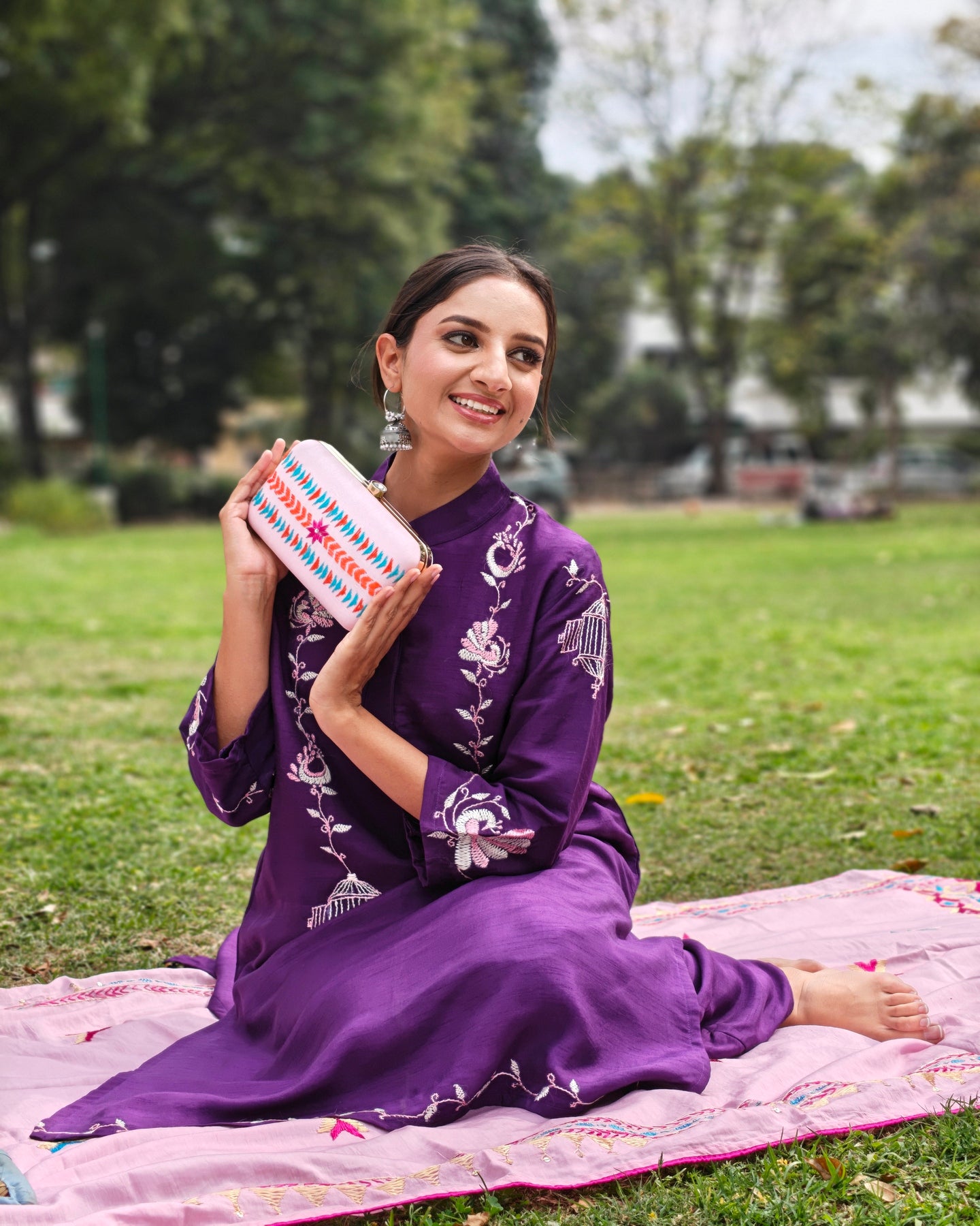 Pure Silk Hand Work Phulkari Kurta -  Purple Grace