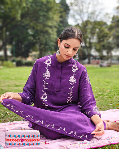 Pure Silk Hand Work Phulkari Kurta -  Purple Grace