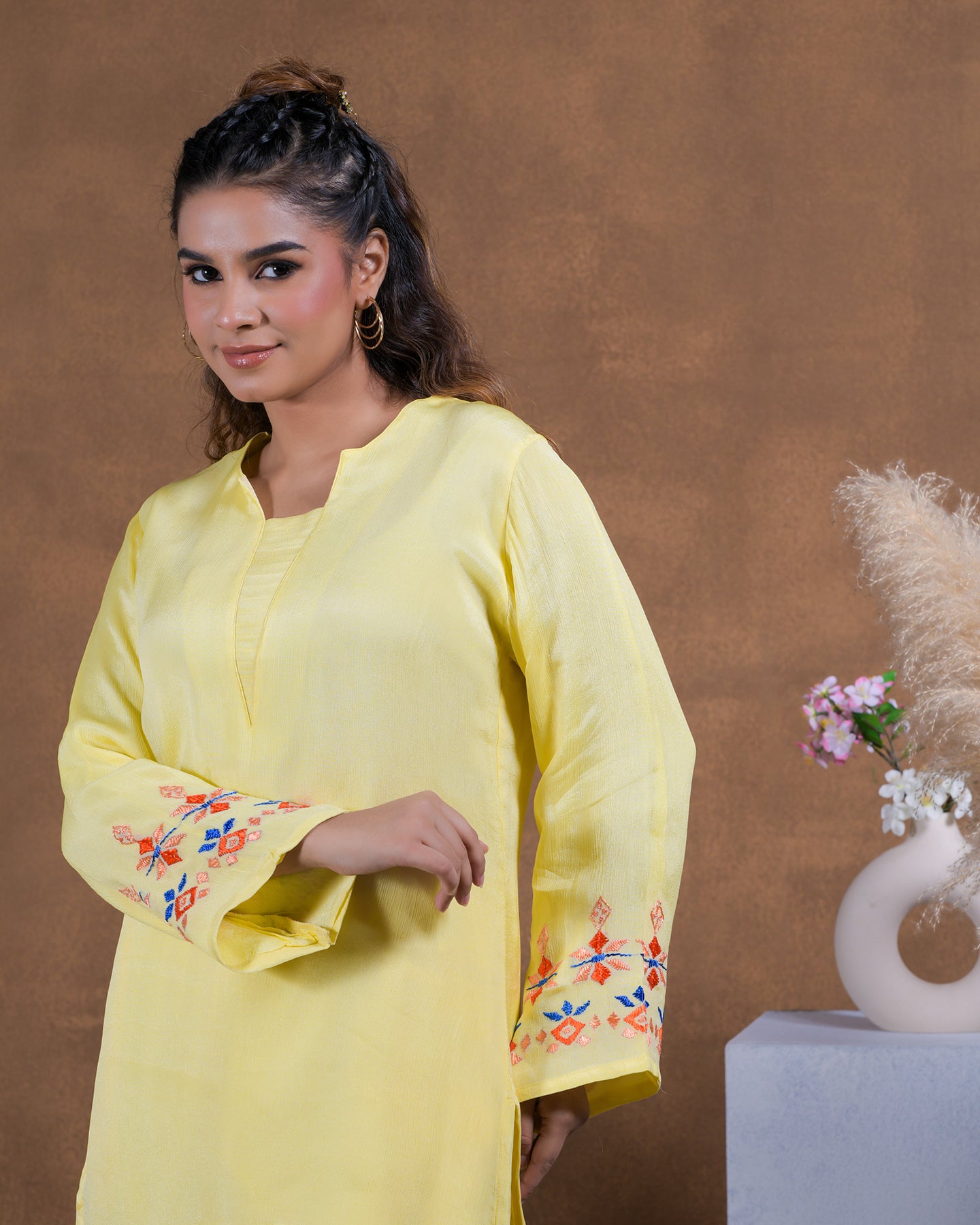 Pure Chinon Silk Hand Embroidered Phulkari top tunic kurti - Lime yellow Colours + Artisanal + Punjab + Tradition + Women + MakeInIndia + Handicraft + trend + festival wear + comfort wear + smart wear + trendy wear + indian ethnic + cultural wear + rakhi + diwali + ganesh cahturthi + friends wear + date wear + casual wear + indian wear + western wear + trendy attire + fashion + stylish + dinner + luxury + premium + royal + signature + classy