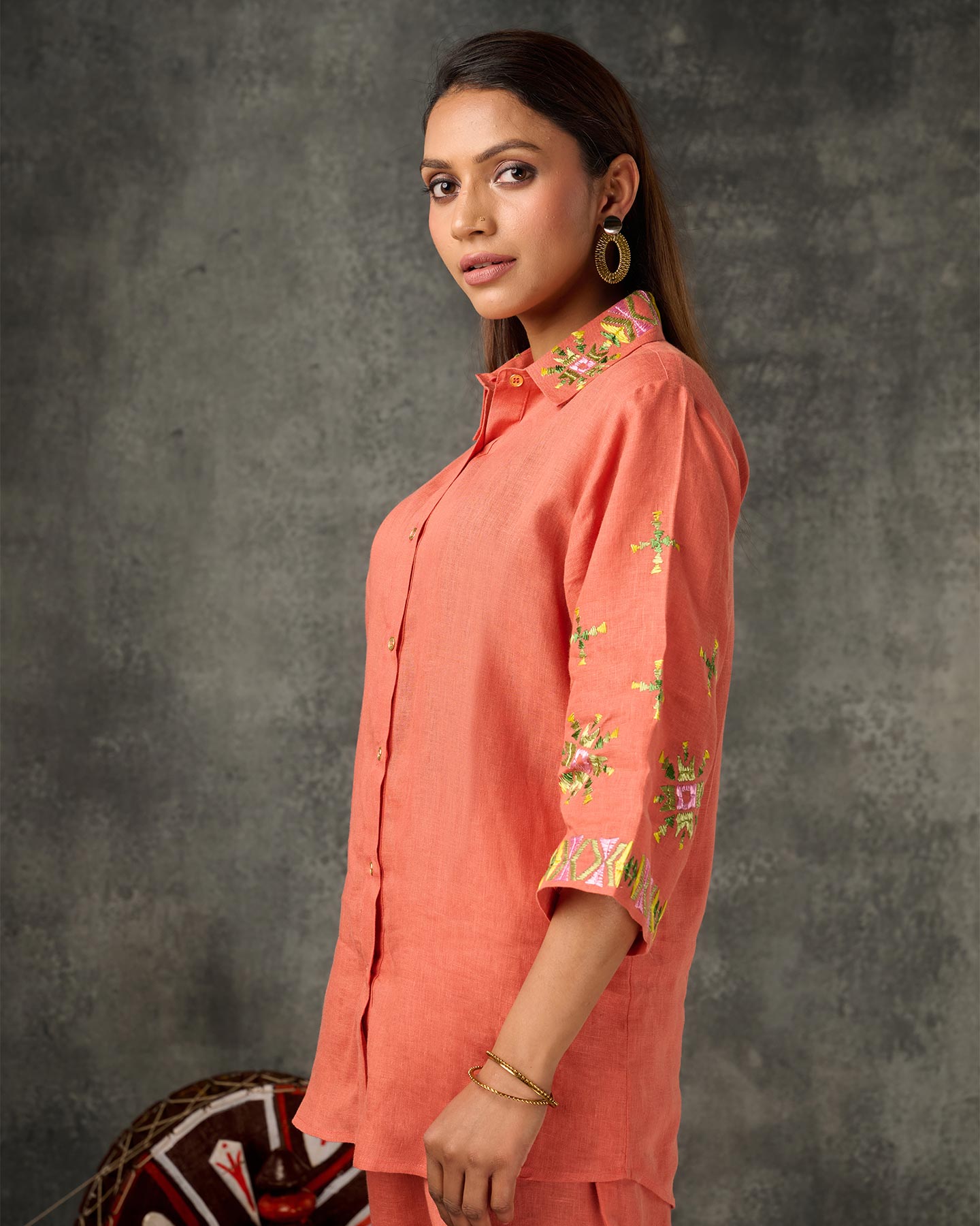 Pure Linen Hand Embroidered Phulkari Shirt - Coral Orange + Artisanal + Punjab + Tradition + Women + MakeInIndia + Handicraft + Panjab + Rang + Colours + Girl Clothing + Fulkari + Threads + Colours + Colors + Embroidery + Handwork + Artisan + Stylish