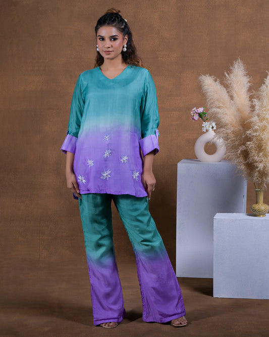 Pure Habutai Silk Hand Embroidered Phulkari Coord Set - Purple green turquoise ombre Colours + Artisanal + Punjab + Tradition + Women + MakeInIndia + Handicraft + trend + festival wear + comfort wear + smart wear + trendy wear + indian ethnic + cultural wear + rakhi + diwali + ganesh cahturthi + friends wear + date wear + casual wear + indian wear + western wear + trendy attire + fashion + stylish + dinner + luxury + premium + royal + floral + signature + unique