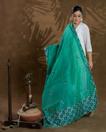 Pure Chanderi Silk Hand Work Phulkari Dupatta - Gracious Green