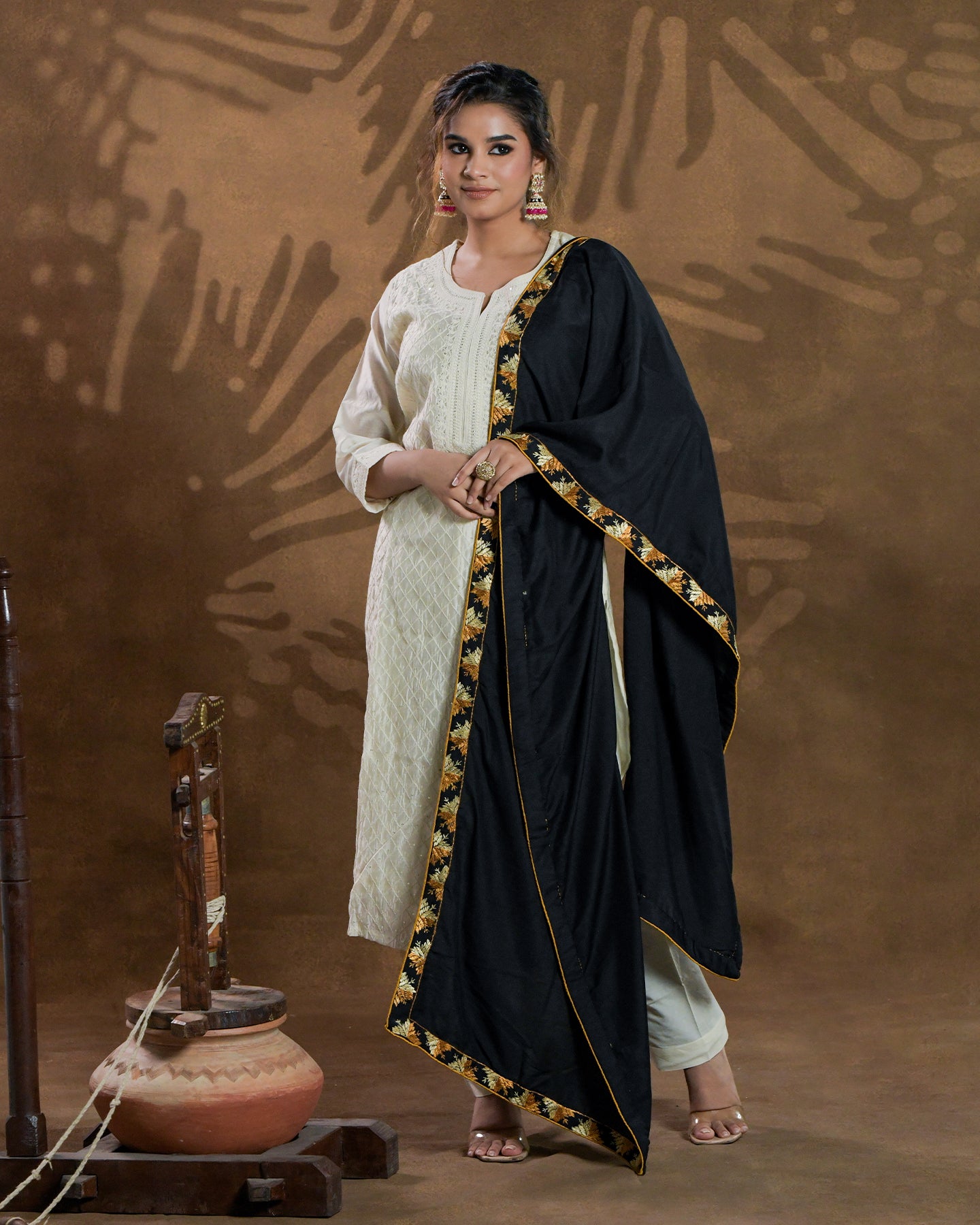 Pure Muslin Hand Work Phulkari Dupatta Stole Royal Black