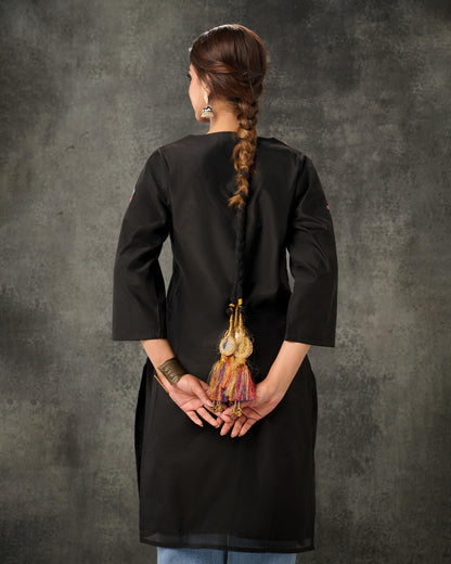 Pure Chanderi Hand Embroidered Phulkari Shirt - Black + Artisanal + Punjab + Tradition + Women + MakeInIndia + Handicraft + Threads + Colours