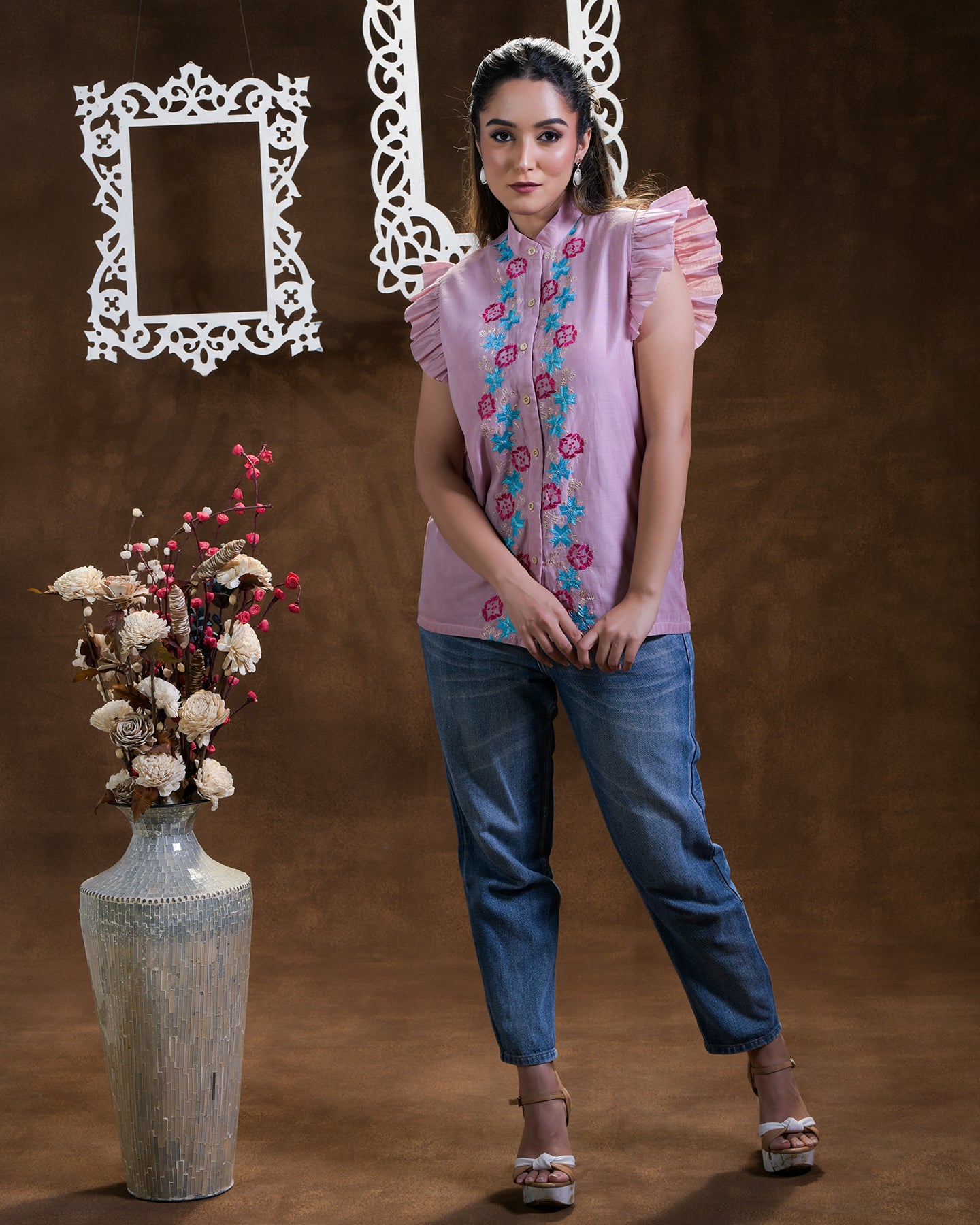 Pure Chanderi Silk Hand Embroidered Phulkari Shirt - carnation Pink Colours + Artisanal + Punjab + Tradition + Women + MakeInIndia + Handicraft + Blue red Motif + trend + festival wear + comfort wear + smart wear + trendy wear + indian ethnic + cultural wear + rakhi + diwali + ganesh cahturthi + friends wear + date wear + casual wear + indian wear + western wear + trendy attire + fashion + stylish + dinner + luxury + premium + royal + floral