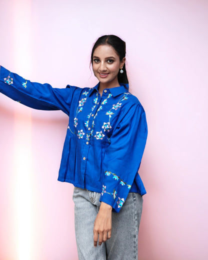Pure Muslin Hand Work Phulkari Shirt - Midnight Petals
