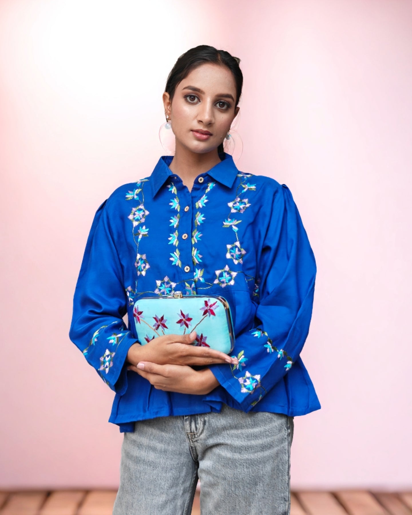 Pure Muslin Hand Work Phulkari Shirt - Midnight Petals