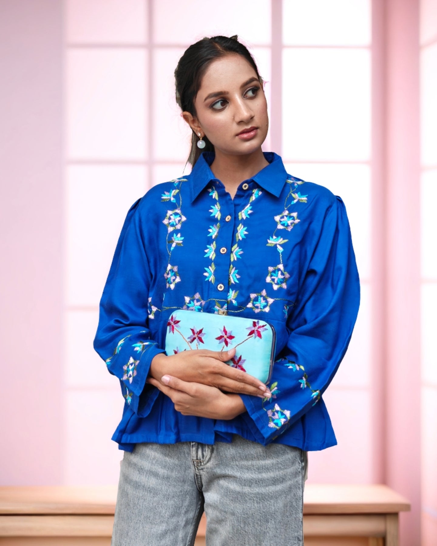 Pure Muslin Hand Work Phulkari Shirt - Midnight Petals