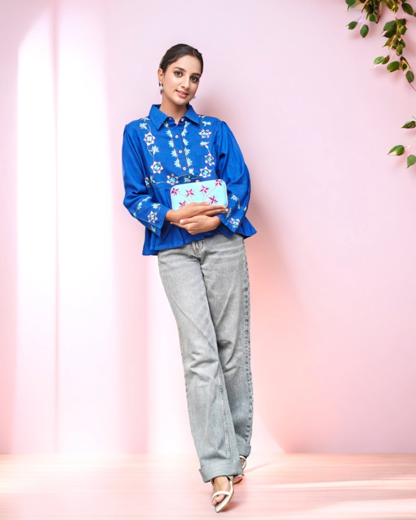 Pure Muslin Hand Work Phulkari Shirt - Midnight Petals