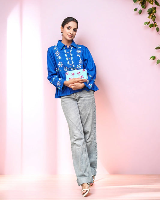 Pure Muslin Hand Work Phulkari Shirt - Midnight Petals
