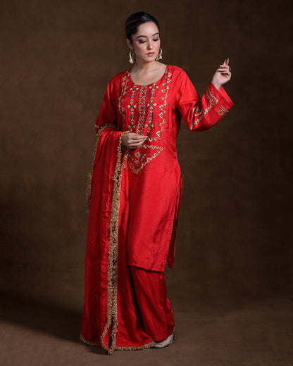Pure Silk Hand Embroidered Phulkari top bottom suit set tunic kurti pant combination set- heritage red Colours + Artisanal + Punjab + Tradition + Women + MakeInIndia + Handicraft + trend + festival wear + comfort wear + smart wear + trendy wear + indian ethnic + cultural wear + rakhi + diwali + ganesh cahturthi + friends wear + date wear + casual wear + indian wear + western wear + trendy attire + fashion + stylish + dinner + luxury + premium + royal + signature + clasic + prettiest + top + dupatta + shagan