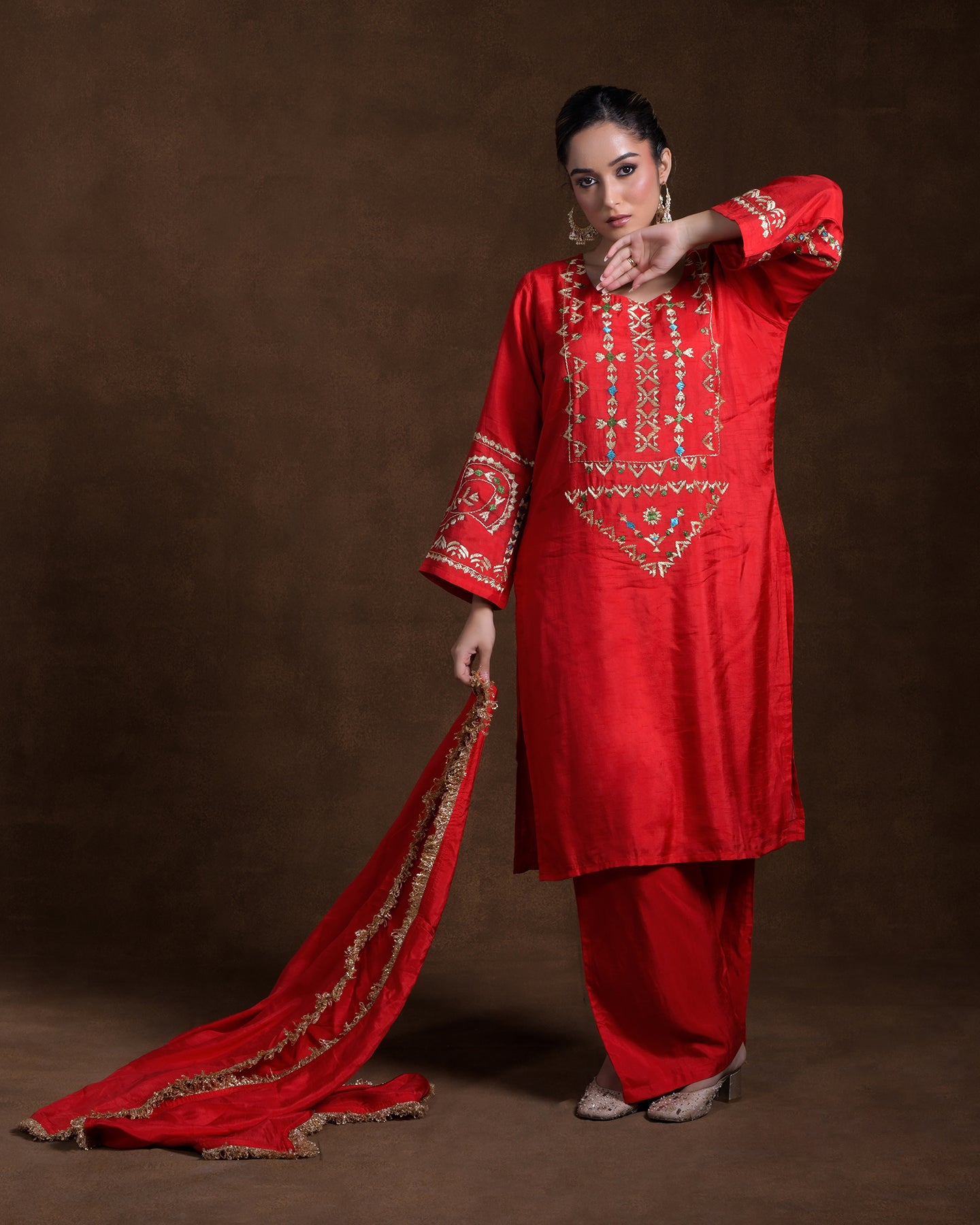 Pure Silk Hand Embroidered Phulkari top bottom suit set tunic kurti pant combination set- heritage red Colours + Artisanal + Punjab + Tradition + Women + MakeInIndia + Handicraft + trend + festival wear + comfort wear + smart wear + trendy wear + indian ethnic + cultural wear + rakhi + diwali + ganesh cahturthi + friends wear + date wear + casual wear + indian wear + western wear + trendy attire + fashion + stylish + dinner + luxury + premium + royal + signature + clasic + prettiest + top + dupatta + shagan