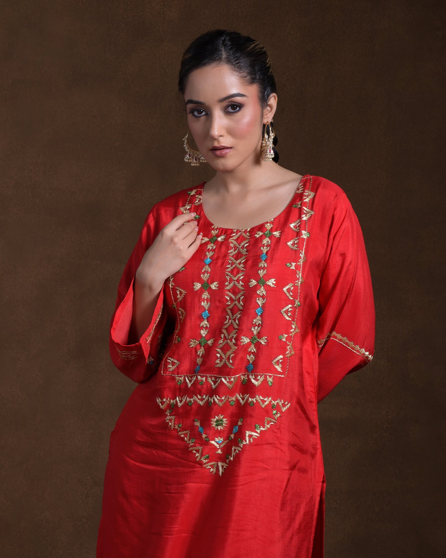 Pure Silk Hand Embroidered Phulkari top bottom suit set tunic kurti pant combination set- heritage red Colours + Artisanal + Punjab + Tradition + Women + MakeInIndia + Handicraft + trend + festival wear + comfort wear + smart wear + trendy wear + indian ethnic + cultural wear + rakhi + diwali + ganesh cahturthi + friends wear + date wear + casual wear + indian wear + western wear + trendy attire + fashion + stylish + dinner + luxury + premium + royal + signature + clasic + prettiest + top + dupatta + shagan