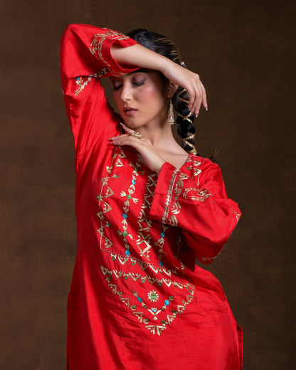 Pure Silk Hand Embroidered Phulkari top bottom suit set tunic kurti pant combination set- heritage red Colours + Artisanal + Punjab + Tradition + Women + MakeInIndia + Handicraft + trend + festival wear + comfort wear + smart wear + trendy wear + indian ethnic + cultural wear + rakhi + diwali + ganesh cahturthi + friends wear + date wear + casual wear + indian wear + western wear + trendy attire + fashion + stylish + dinner + luxury + premium + royal + signature + clasic + prettiest + top + dupatta + shagan