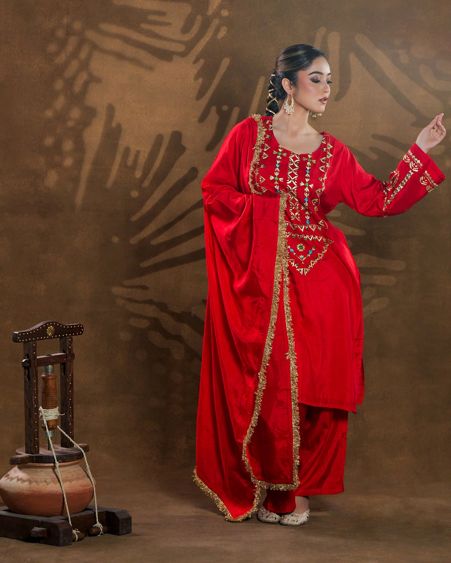 Pure Silk Hand Embroidered Phulkari top bottom suit set tunic kurti pant combination set- heritage red Colours + Artisanal + Punjab + Tradition + Women + MakeInIndia + Handicraft + trend + festival wear + comfort wear + smart wear + trendy wear + indian ethnic + cultural wear + rakhi + diwali + ganesh cahturthi + friends wear + date wear + casual wear + indian wear + western wear + trendy attire + fashion + stylish + dinner + luxury + premium + royal + signature + clasic + prettiest + top + dupatta + shagan