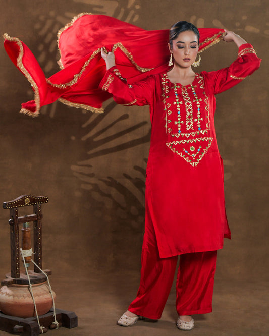 Pure Silk Hand Embroidered Phulkari top bottom suit set tunic kurti pant combination set- heritage red Colours + Artisanal + Punjab + Tradition + Women + MakeInIndia + Handicraft + trend + festival wear + comfort wear + smart wear + trendy wear + indian ethnic + cultural wear + rakhi + diwali + ganesh cahturthi + friends wear + date wear + casual wear + indian wear + western wear + trendy attire + fashion + stylish + dinner + luxury + premium + royal + signature + clasic + prettiest + top rated + new