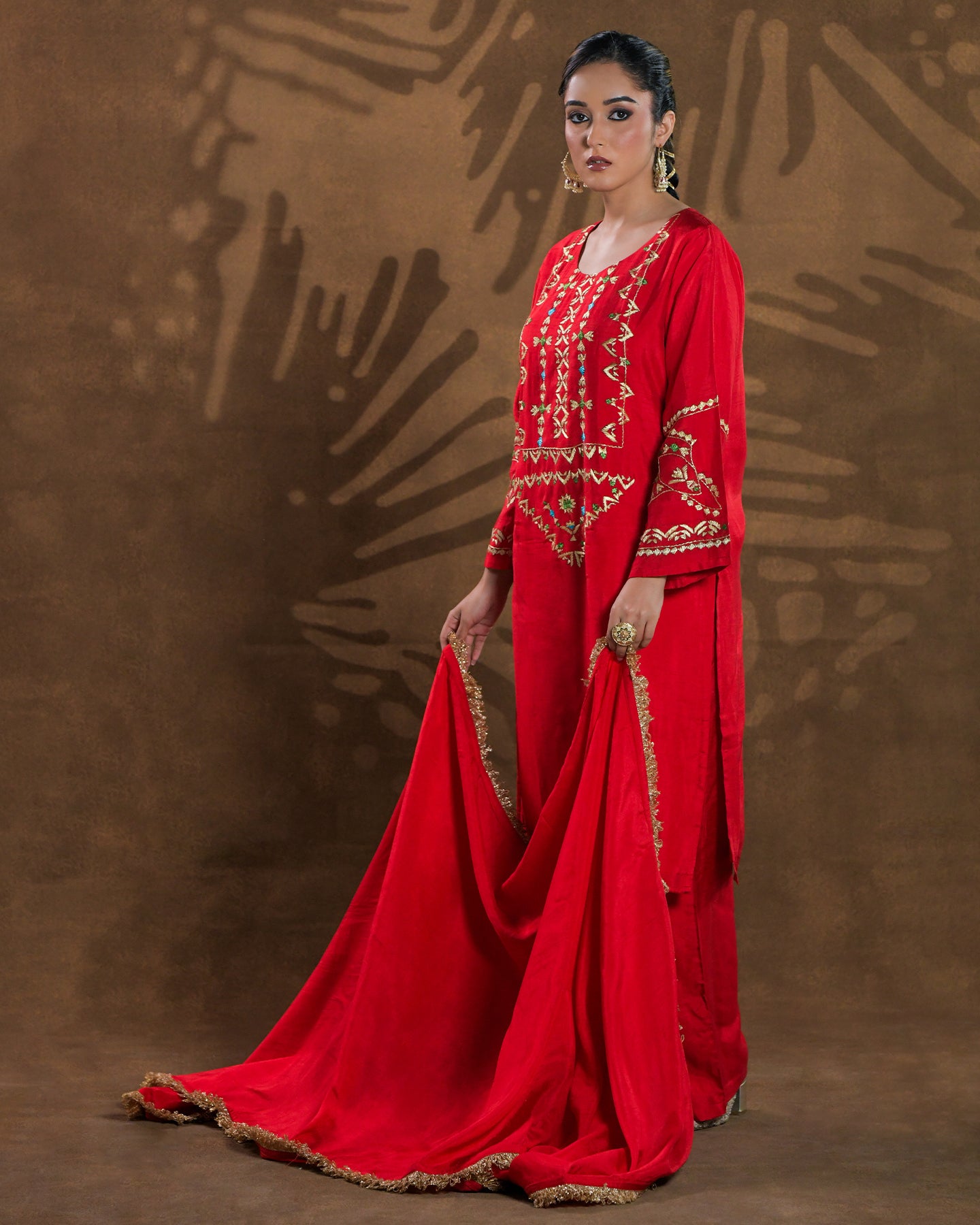 Pure Silk Hand Embroidered Phulkari top bottom suit set tunic kurti pant combination set- heritage red Colours + Artisanal + Punjab + Tradition + Women + MakeInIndia + Handicraft + trend + festival wear + comfort wear + smart wear + trendy wear + indian ethnic + cultural wear + rakhi + diwali + ganesh cahturthi + friends wear + date wear + casual wear + indian wear + western wear + trendy attire + fashion + stylish + dinner + luxury + premium + royal + signature + clasic + prettiest + top rated + new