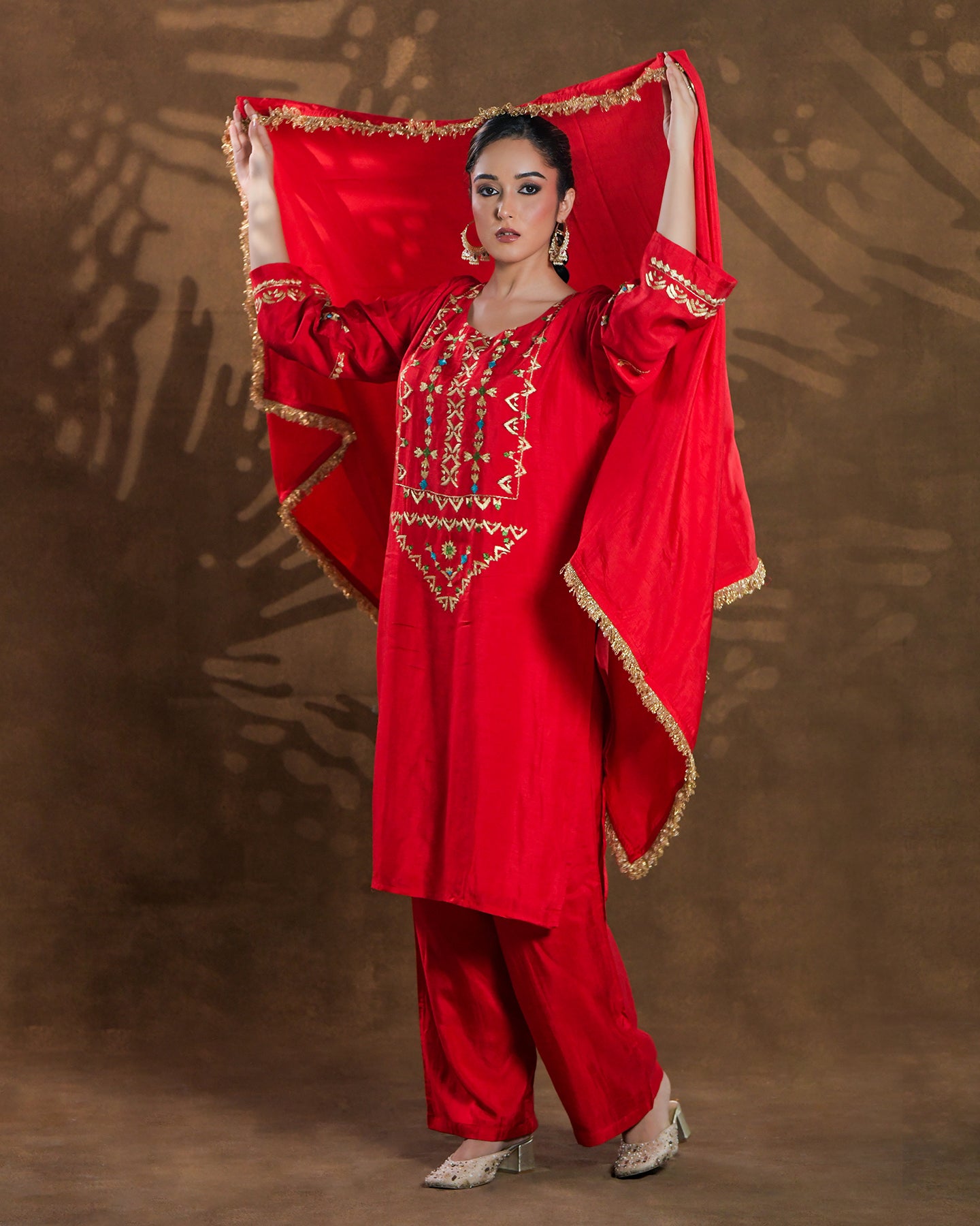 Pure Silk Hand Embroidered Phulkari top bottom suit set tunic kurti pant combination set- heritage red Colours + Artisanal + Punjab + Tradition + Women + MakeInIndia + Handicraft + trend + festival wear + comfort wear + smart wear + trendy wear + indian ethnic + cultural wear + rakhi + diwali + ganesh cahturthi + friends wear + date wear + casual wear + indian wear + western wear + trendy attire + fashion + stylish + dinner + luxury + premium + royal + signature + clasic + prettiest + top rated + new