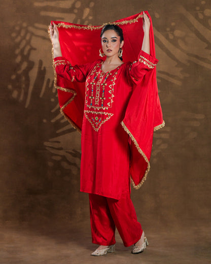 Pure Silk Hand Embroidered Phulkari top bottom suit set tunic kurti pant combination set- heritage red Colours + Artisanal + Punjab + Tradition + Women + MakeInIndia + Handicraft + trend + festival wear + comfort wear + smart wear + trendy wear + indian ethnic + cultural wear + rakhi + diwali + ganesh cahturthi + friends wear + date wear + casual wear + indian wear + western wear + trendy attire + fashion + stylish + dinner + luxury + premium + royal + signature + clasic + prettiest + top rated + new
