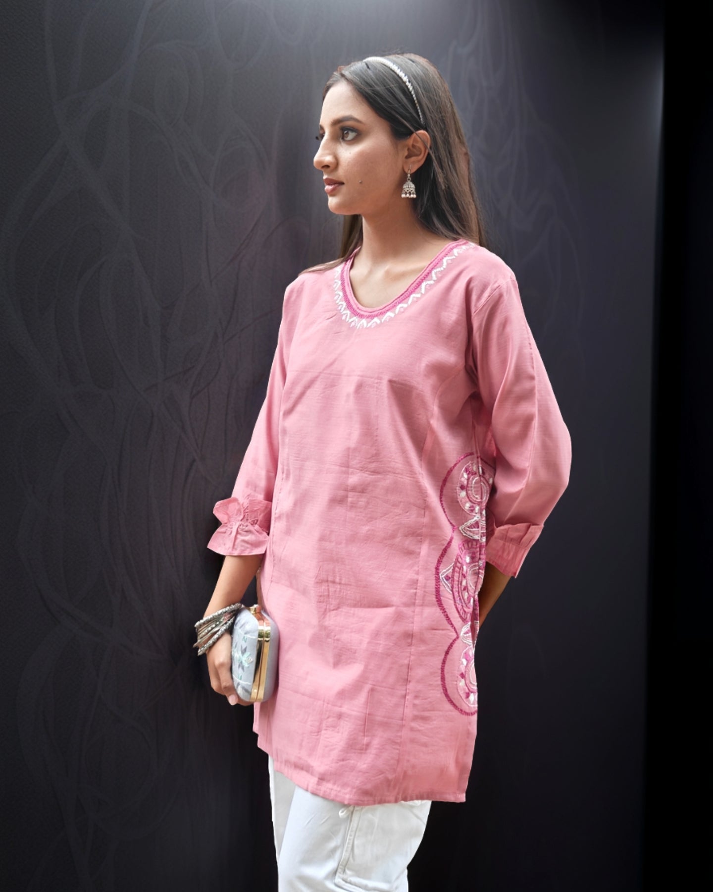 Pure Cotton Silk Hand Work Phulkari Tunic - Rose Grace