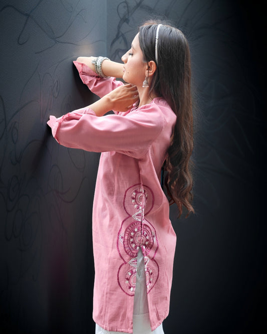 Pure Cotton Silk Hand Work Phulkari Tunic - Rose Grace