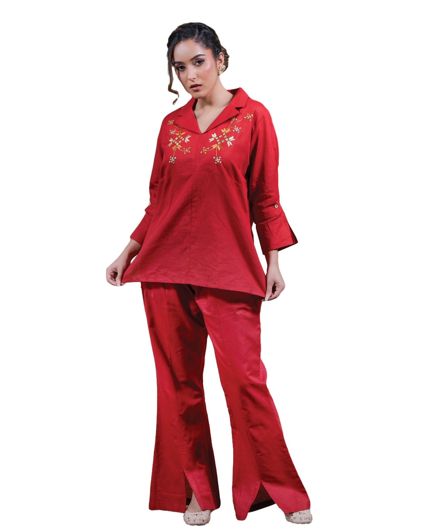 Pure Linen Cotton Hand Embroidered Phulkari top bottom coord set tunic kurti combination set- Scarlett Red Colours + Artisanal + Punjab + Tradition + Women + MakeInIndia + Handicraft + trend + festival wear + comfort wear + smart wear + trendy wear + indian ethnic + cultural wear + rakhi + diwali + ganesh cahturthi + friends wear + date wear + casual wear + indian wear + western wear + trendy attire + fashion + stylish + dinner + luxury + premium + royal + signature + clasic + floral + designer + Casual